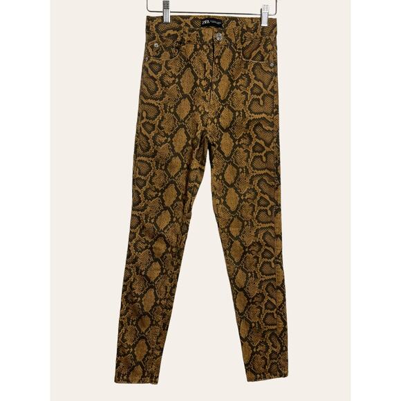 Zara Brown High Waist Snakeskin Print Skinny Jean Pants Size 4 - Picture 2 of 8